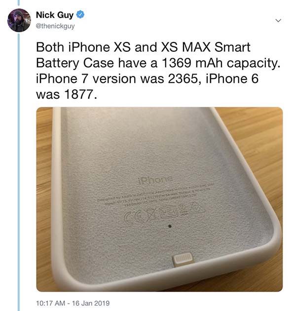iPhone XS and XS Max Smart Battery Case contains 10.1Wh battery